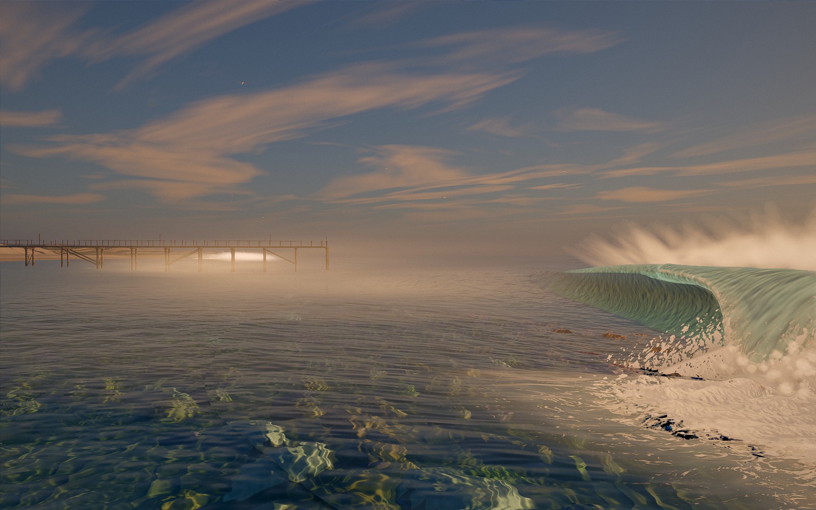 A turquoise wave pitches into a barrel on a reef, spray streaming off the lip, with a wooden pier on the golden-hour horizon.