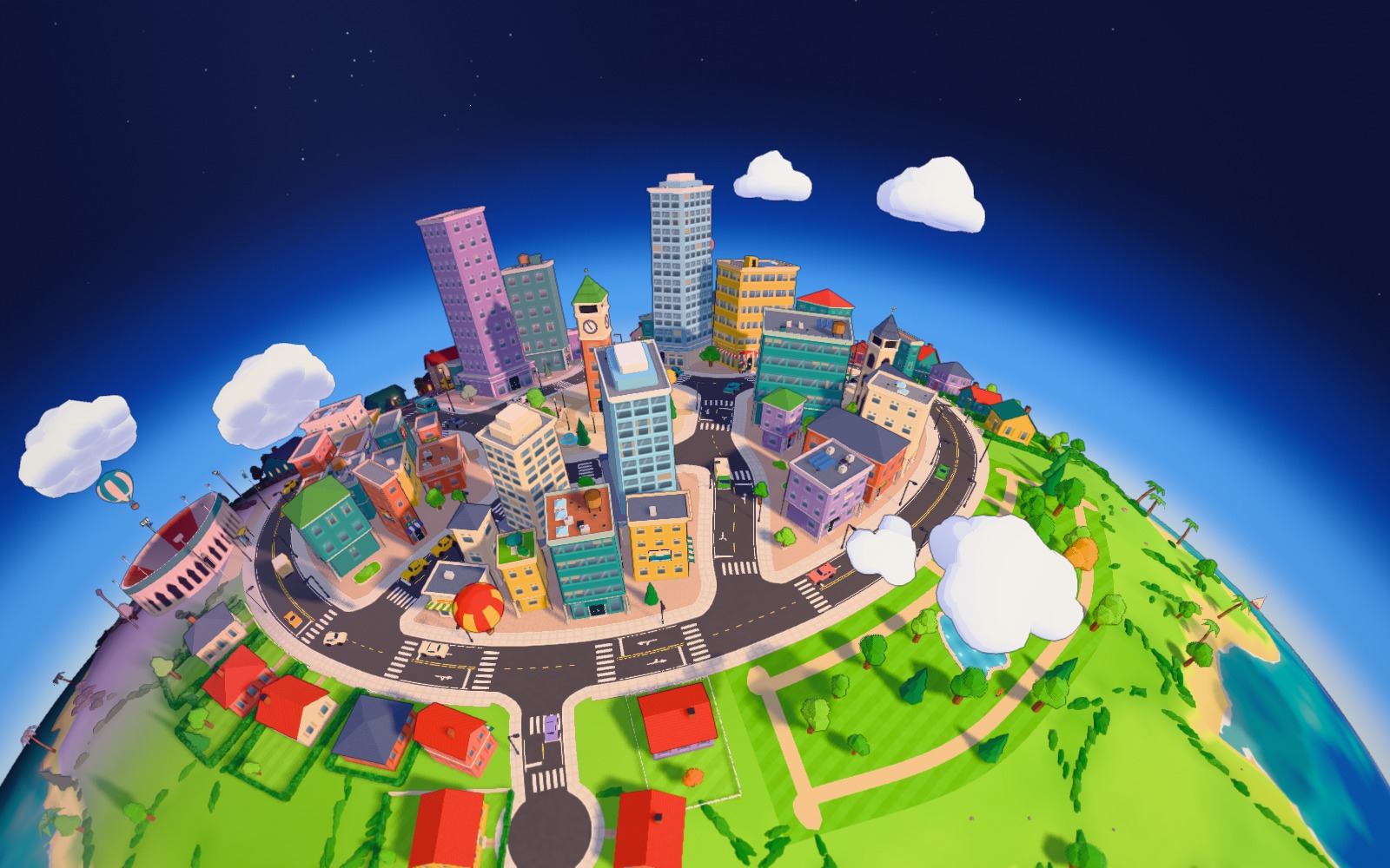 A tiny cartoon planet against deep blue space: a toy-bright downtown of towers and a clock tower rises on its curve, ringed by roads, red-roofed houses and green parkland, with puffy clouds and a striped hot-air balloon drifting past.