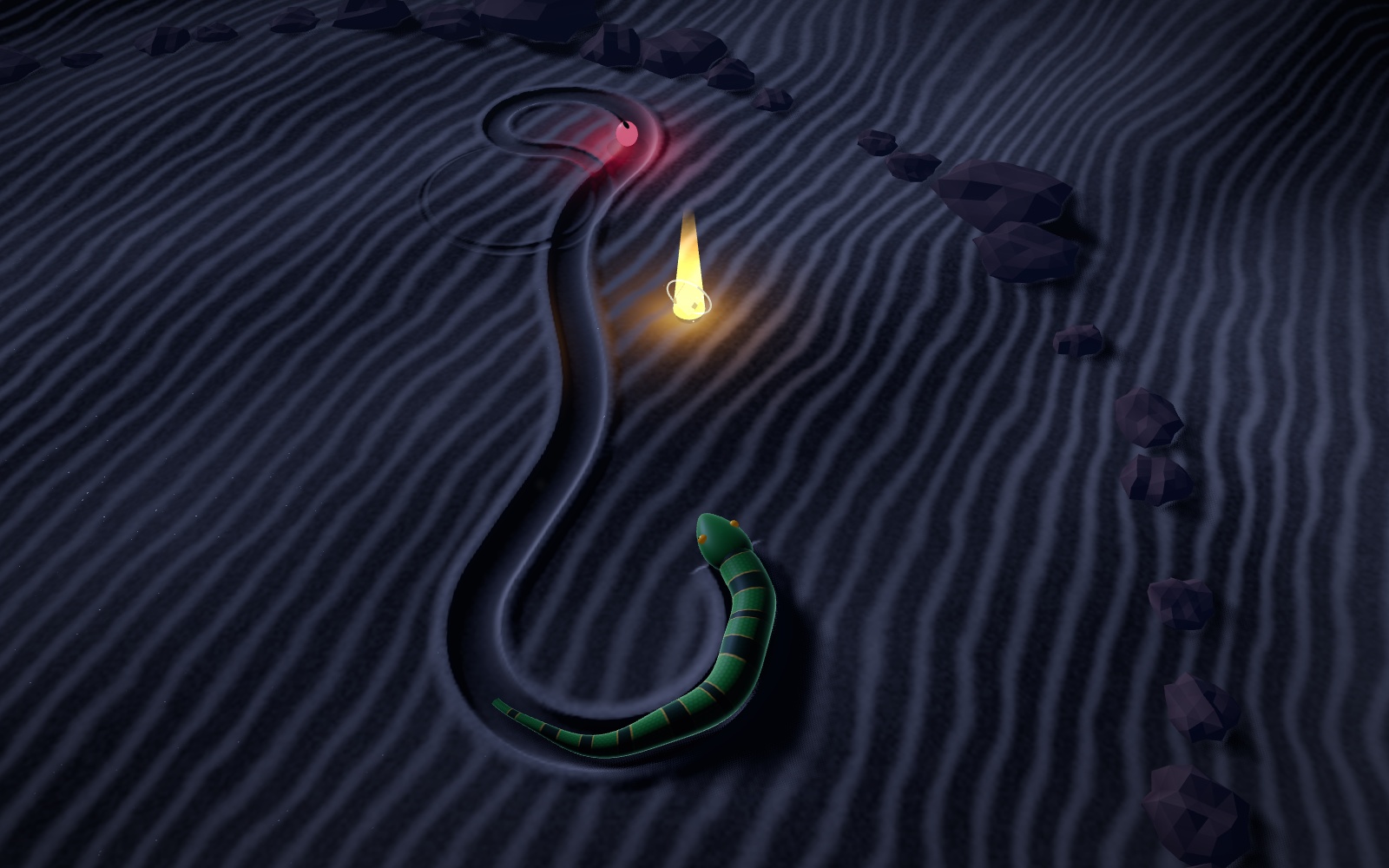 A green banded snake curls across moonlit sand ripples, its groove fading behind it, beside a glowing golden gem.